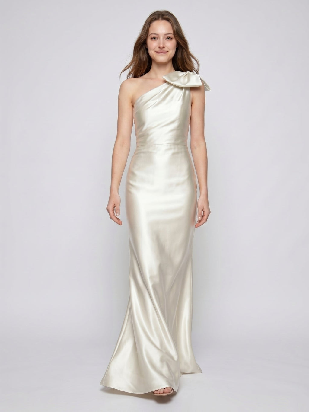 Ivory Satin Trumpet One Shoulder Back Zip Floor-Length Bridesmaid Dress with Bow Detail - Curvevia