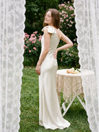 Ivory Satin Trumpet One Shoulder Back Zip Floor-Length Bridesmaid Dress with Bow Detail - Curvevia