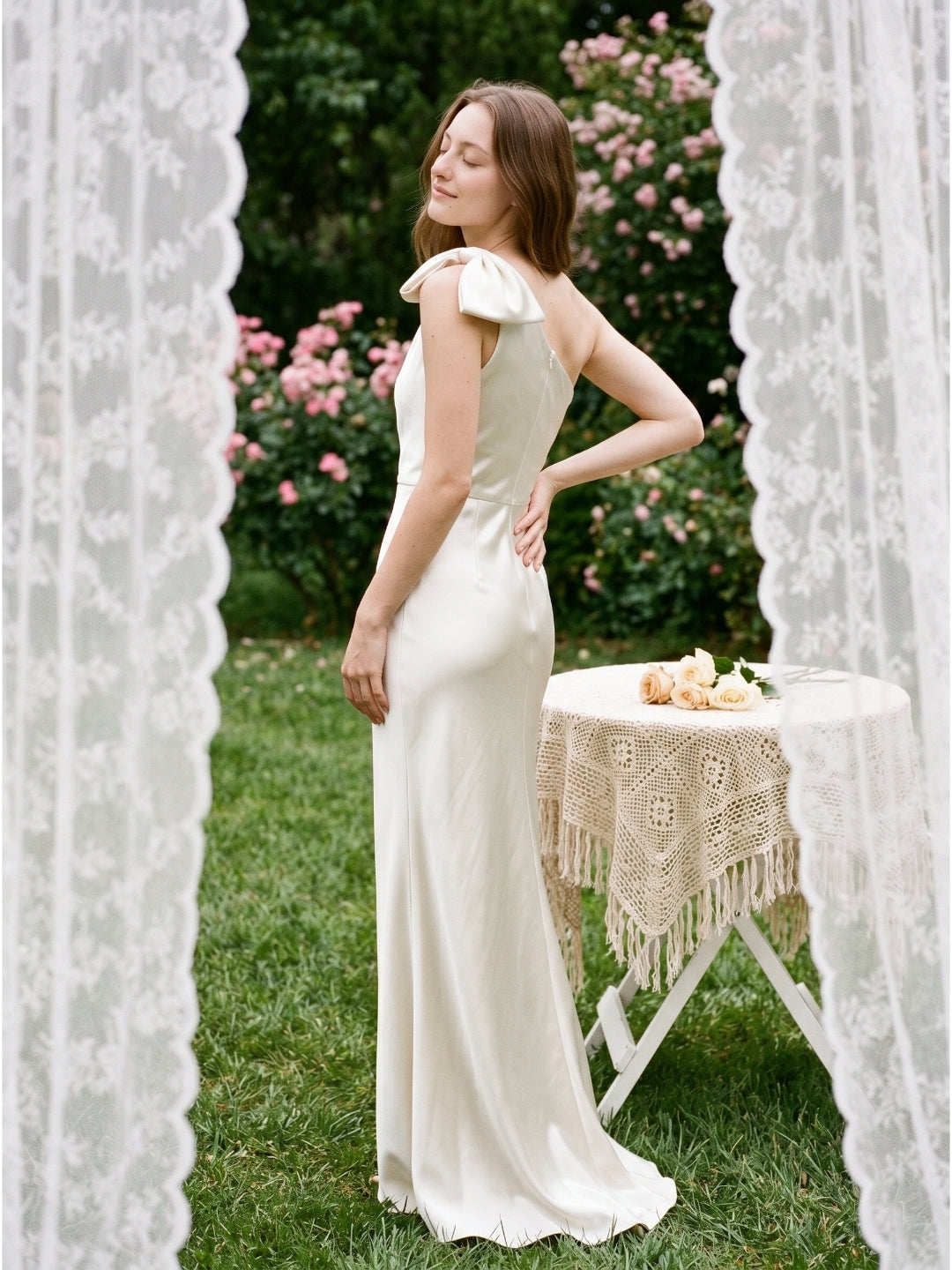 Ivory Satin Trumpet One Shoulder Back Zip Floor-Length Bridesmaid Dress with Bow Detail - Curvevia