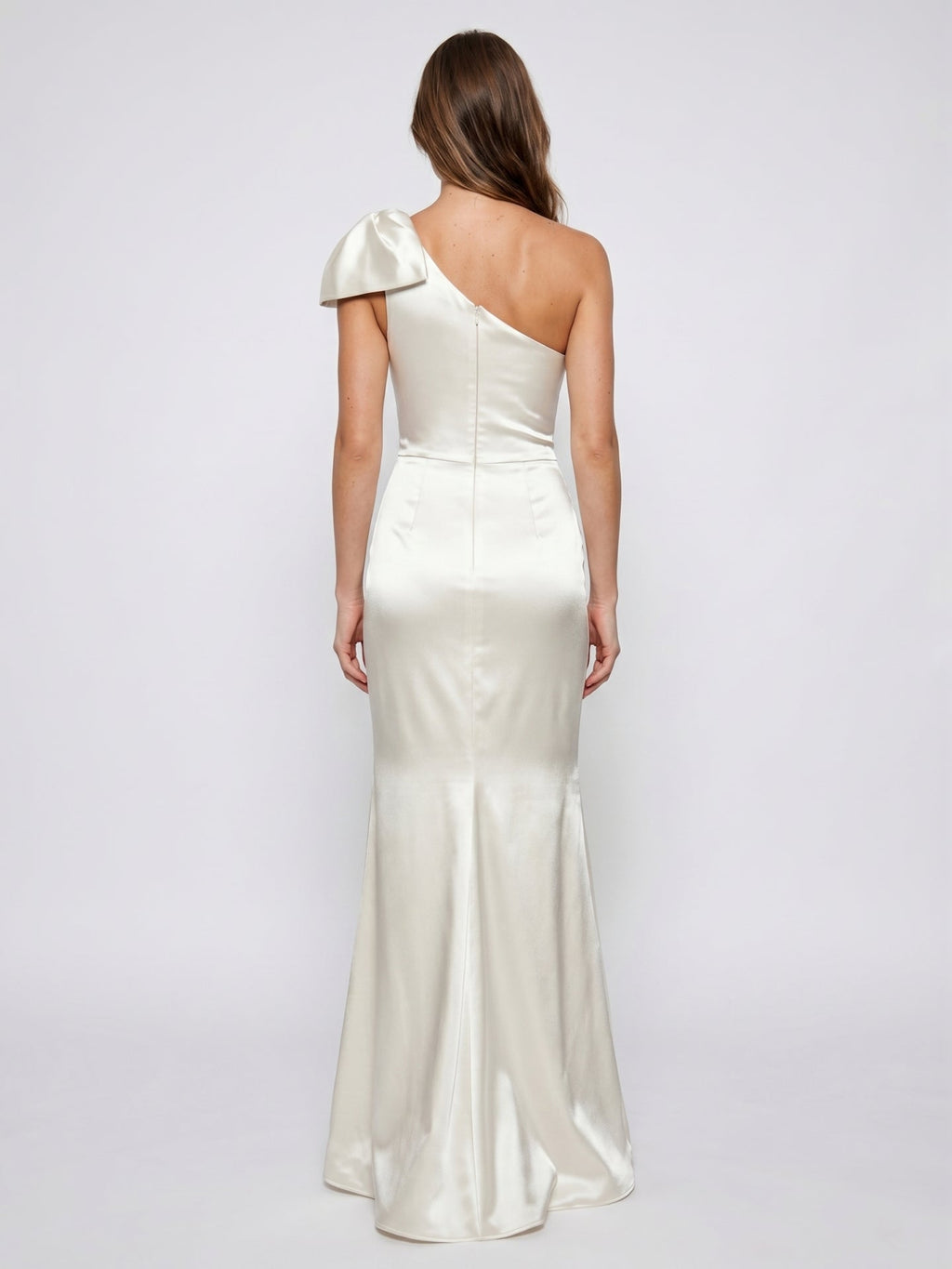 Ivory Satin Trumpet One Shoulder Back Zip Floor-Length Bridesmaid Dress with Bow Detail - Curvevia