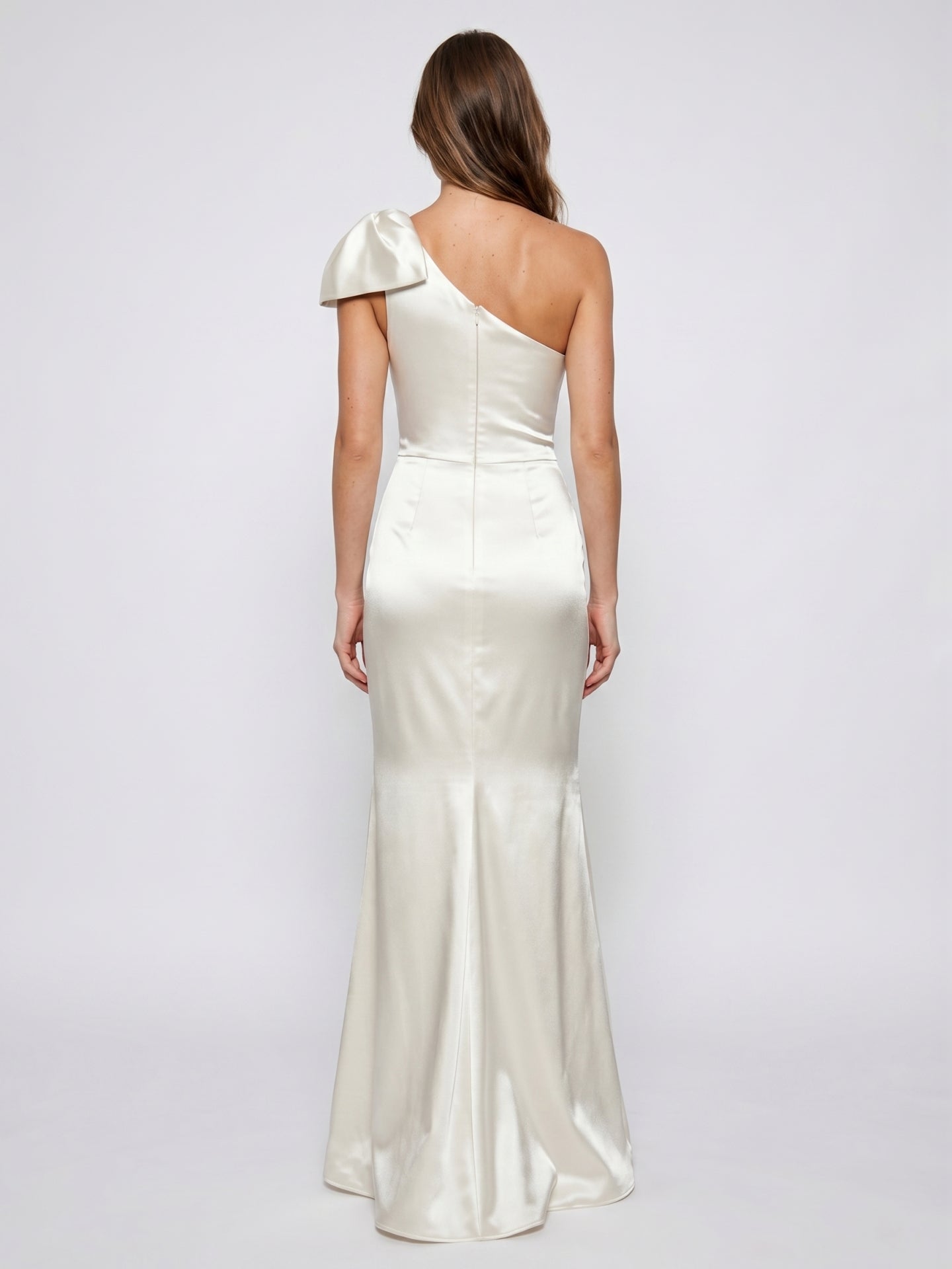 Ivory Satin Trumpet One Shoulder Back Zip Floor-Length Bridesmaid Dress with Bow Detail - Curvevia