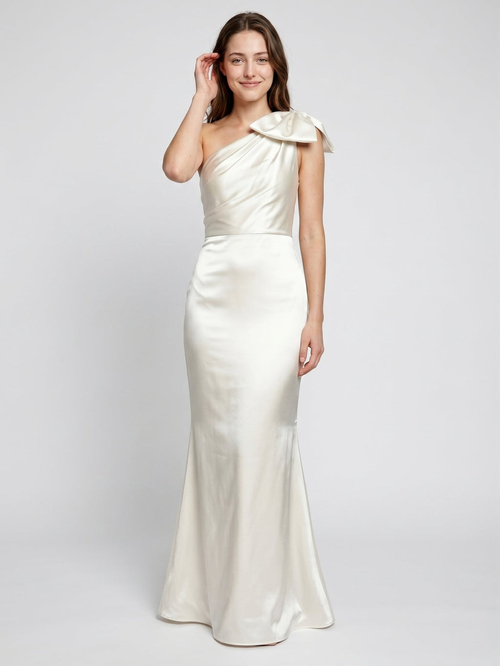 Ivory Satin Trumpet One Shoulder Back Zip Floor-Length Bridesmaid Dress with Bow Detail - Curvevia