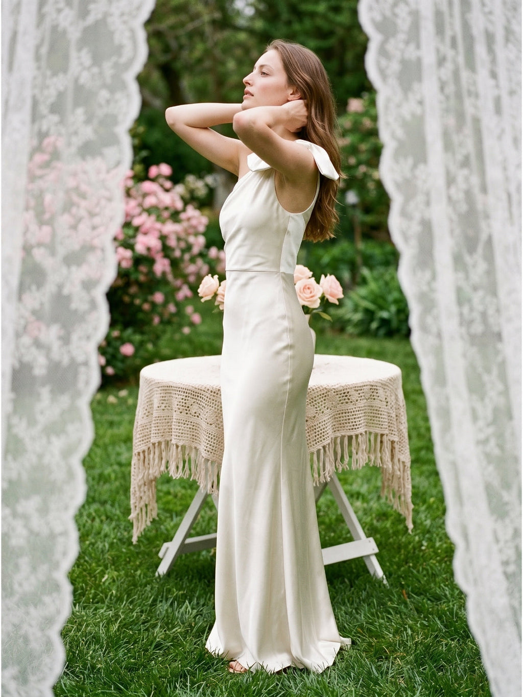 Ivory Satin Trumpet One Shoulder Back Zip Floor-Length Bridesmaid Dress with Bow Detail - Curvevia
