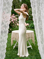 Ivory Satin Trumpet One Shoulder Back Zip Floor-Length Bridesmaid Dress with Bow Detail - Curvevia