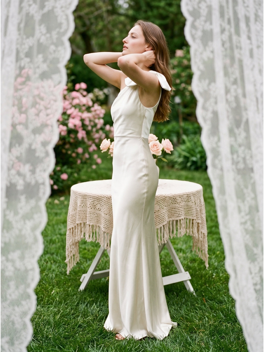 Ivory Satin Trumpet One Shoulder Back Zip Floor-Length Bridesmaid Dress with Bow Detail - Curvevia
