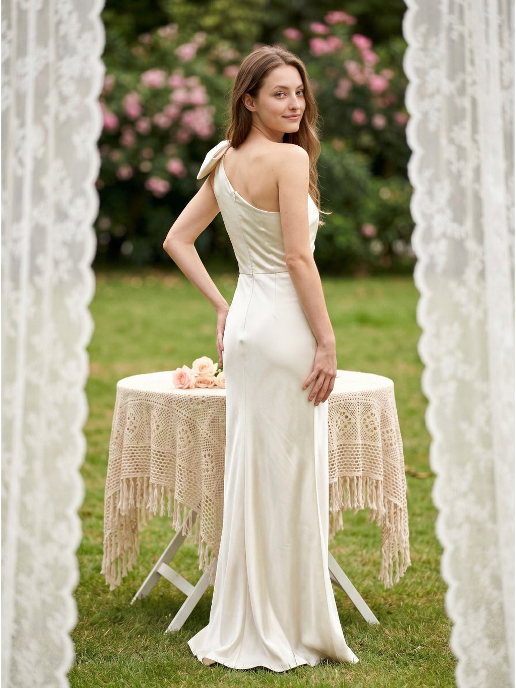 Ivory Satin Trumpet One Shoulder Back Zip Floor-Length Bridesmaid Dress with Bow Detail - Curvevia