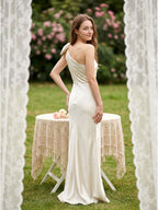 Ivory Satin Trumpet One Shoulder Back Zip Floor-Length Bridesmaid Dress with Bow Detail - Curvevia