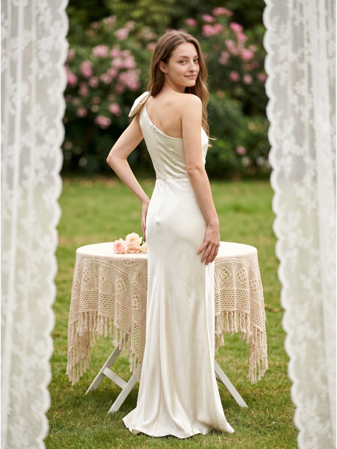 Ivory Satin Trumpet One Shoulder Back Zip Floor-Length Bridesmaid Dress with Bow Detail - Curvevia