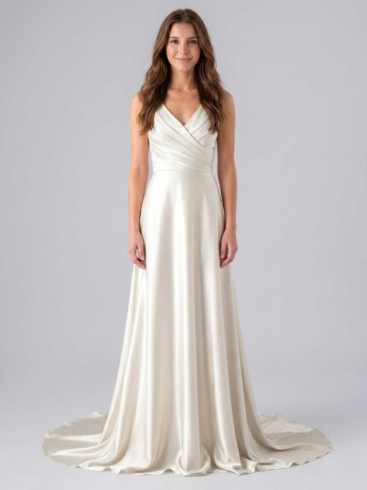 Ivory Satin V-Neck Back Zip Floor-Length Bridesmaid Dress - Curvevia