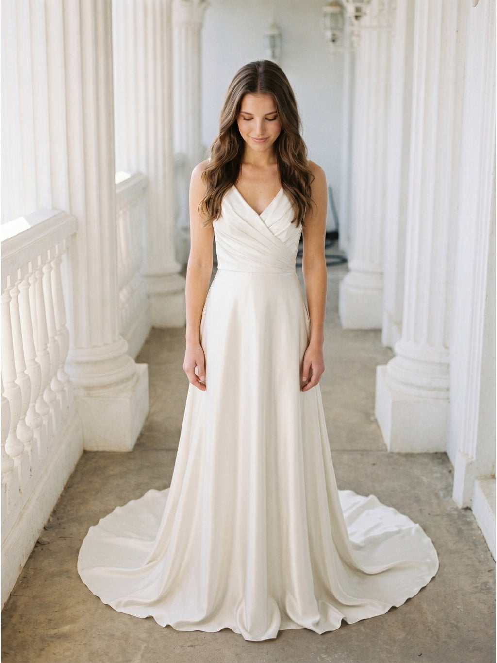Ivory Satin V-Neck Back Zip Floor-Length Bridesmaid Dress - Curvevia