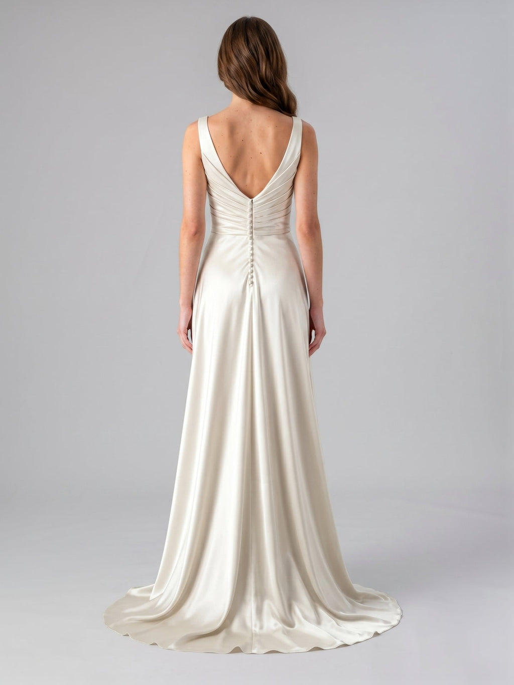 Ivory Satin V-Neck Back Zip Floor-Length Bridesmaid Dress - Curvevia