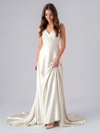Ivory Satin V-Neck Back Zip Floor-Length Bridesmaid Dress - Curvevia