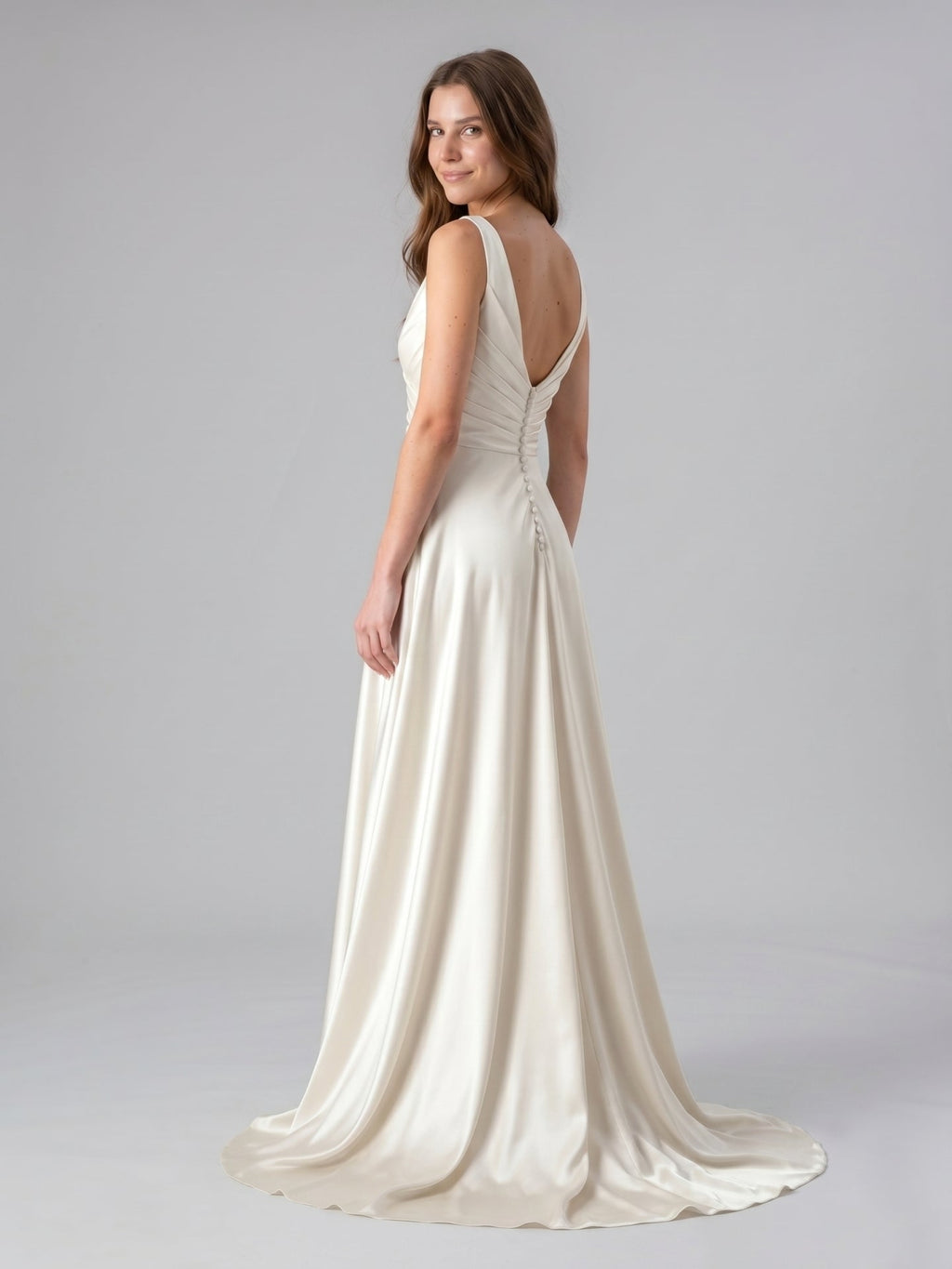 Ivory Satin V-Neck Back Zip Floor-Length Bridesmaid Dress - Curvevia