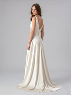 Ivory Satin V-Neck Back Zip Floor-Length Bridesmaid Dress - Curvevia