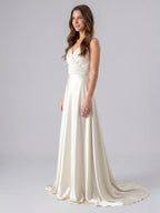 Ivory Satin V-Neck Back Zip Floor-Length Bridesmaid Dress - Curvevia
