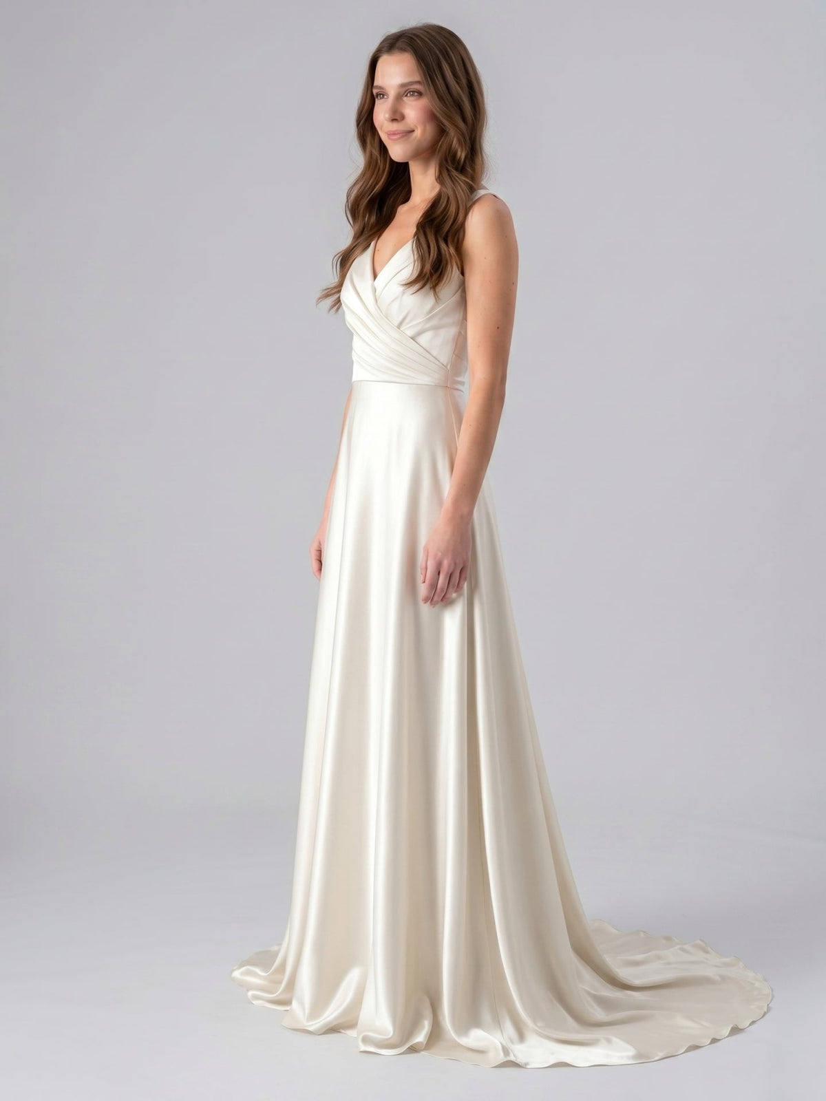 Ivory Satin V-Neck Back Zip Floor-Length Bridesmaid Dress - Curvevia
