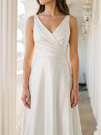 Ivory Satin V-Neck Back Zip Floor-Length Bridesmaid Dress - Curvevia