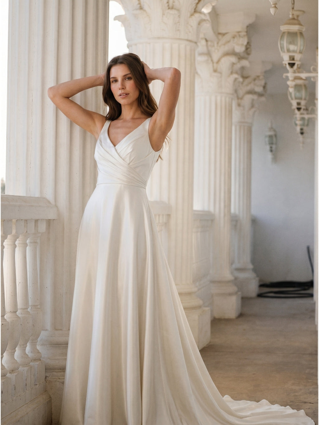 Ivory Satin V-Neck Back Zip Floor-Length Bridesmaid Dress - Curvevia