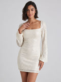 Ivory Sequin Sheath Square Neck Side Zip Short Dress - Curvevia