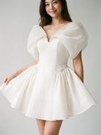 Ivory Stretch Crepe A-Line Off-Shoulder Criss-Cross Short Homecoming Dress with Pleating - Curvevia