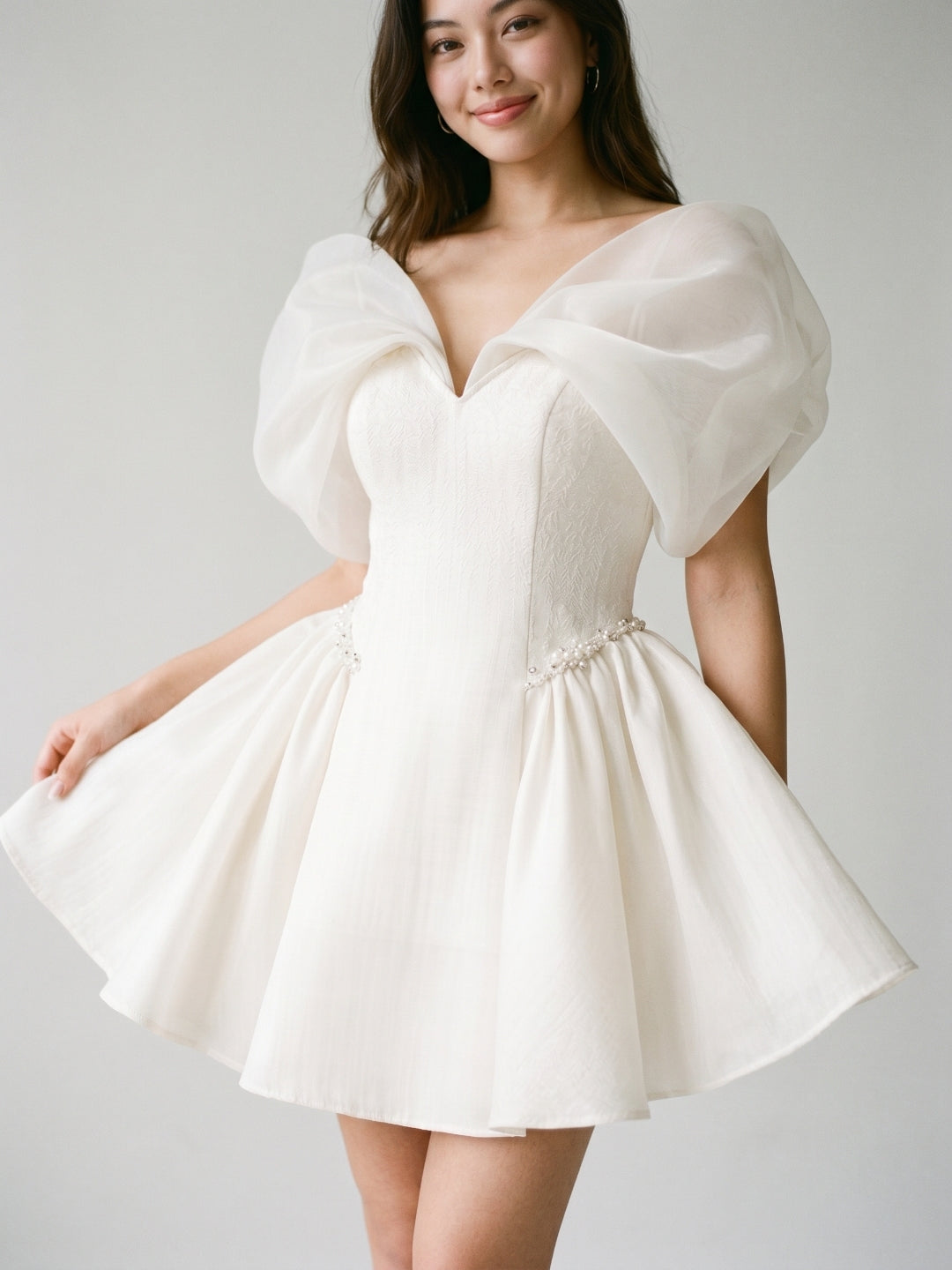 Ivory Stretch Crepe A-Line Off-Shoulder Criss-Cross Short Homecoming Dress with Pleating - Curvevia