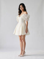 Ivory Stretch Crepe A-Line Off-Shoulder Criss-Cross Short Homecoming Dress with Pleating - Curvevia