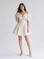 Ivory Stretch Crepe A-Line Off-Shoulder Criss-Cross Short Homecoming Dress with Pleating - Curvevia