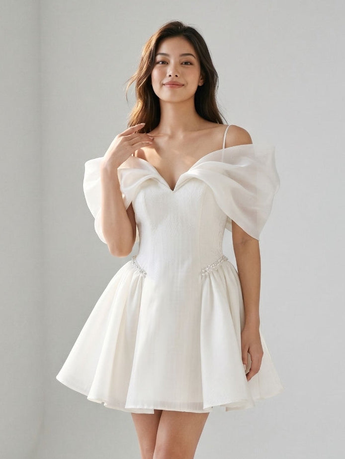 Ivory Stretch Crepe A-Line Off-Shoulder Criss-Cross Short Homecoming Dress with Pleating - Curvevia