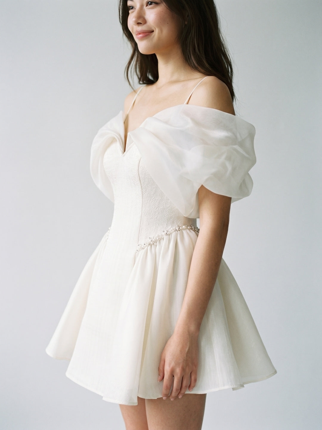 Ivory Stretch Crepe A-Line Off-Shoulder Criss-Cross Short Homecoming Dress with Pleating - Curvevia