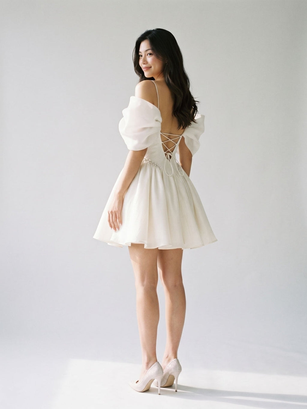 Ivory Stretch Crepe A-Line Off-Shoulder Criss-Cross Short Homecoming Dress with Pleating - Curvevia