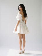 Ivory Stretch Crepe A-Line Off-Shoulder Criss-Cross Short Homecoming Dress with Pleating - Curvevia