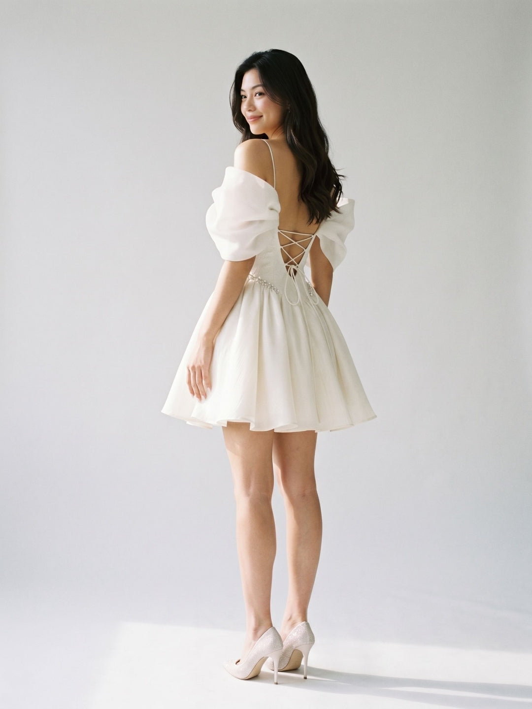 Ivory Stretch Crepe A-Line Off-Shoulder Criss-Cross Short Homecoming Dress with Pleating - Curvevia