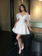 Ivory Stretch Crepe A-Line Off-Shoulder Criss-Cross Short Homecoming Dress with Pleating - Curvevia