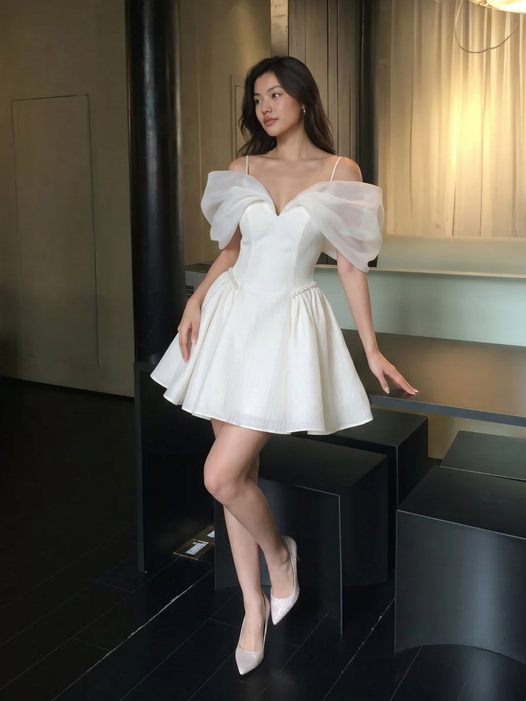 Ivory Stretch Crepe A-Line Off-Shoulder Criss-Cross Short Homecoming Dress with Pleating - Curvevia