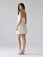 Ivory Stretch Knit A-Line Halter Neckline Side Zip Mini Homecoming Dress with Pleats - Curvevia