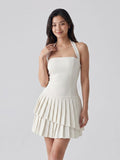 Ivory Stretch Knit A-Line Halter Neckline Side Zip Mini Homecoming Dress with Pleats - Curvevia