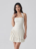 Ivory Stretch Knit A-Line Halter Neckline Side Zip Mini Homecoming Dress with Pleats - Curvevia