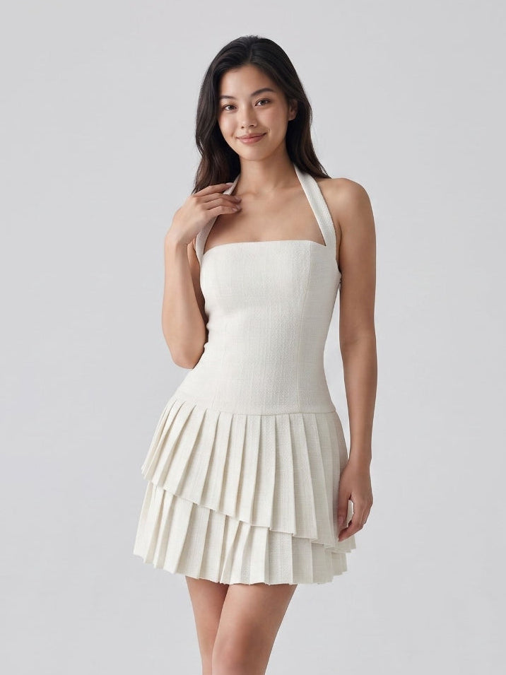 Ivory Stretch Knit A-Line Halter Neckline Side Zip Mini Homecoming Dress with Pleats - Curvevia