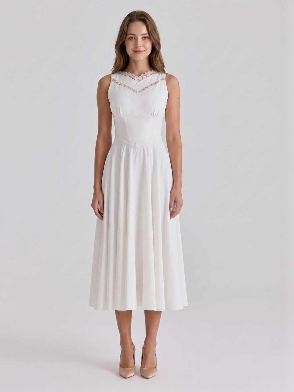 Ivory Stretch Knit A-Line V-Neck Back Zip Tea-Length Bridesmaid Dress - Curvevia