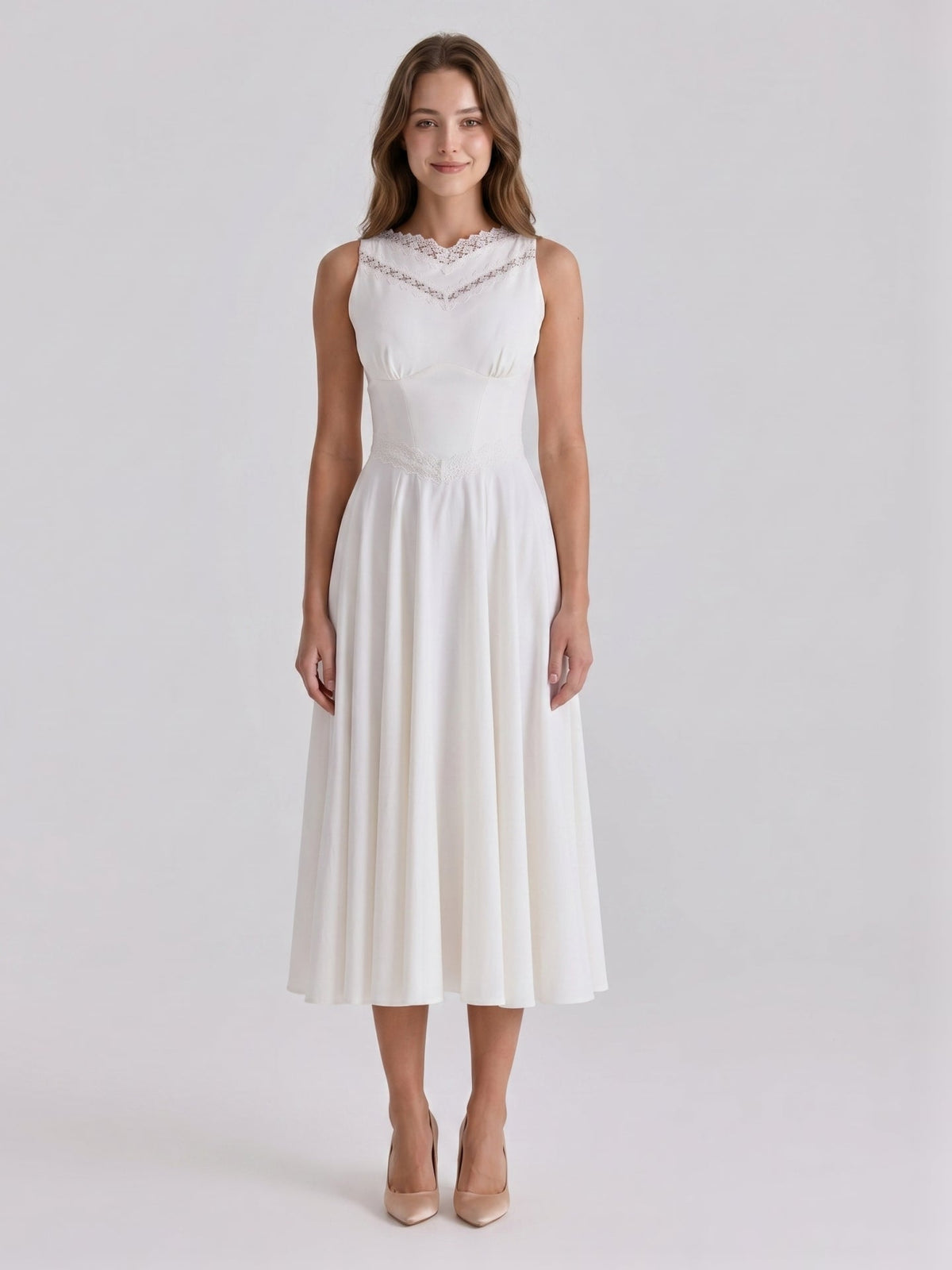 Ivory Stretch Knit A-Line V-Neck Back Zip Tea-Length Bridesmaid Dress - Curvevia