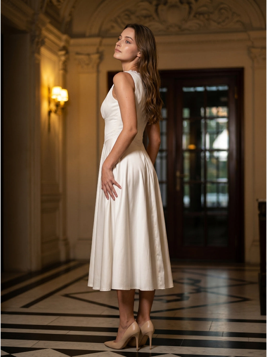 Ivory Stretch Knit A-Line V-Neck Back Zip Tea-Length Bridesmaid Dress - Curvevia