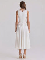 Ivory Stretch Knit A-Line V-Neck Back Zip Tea-Length Bridesmaid Dress - Curvevia