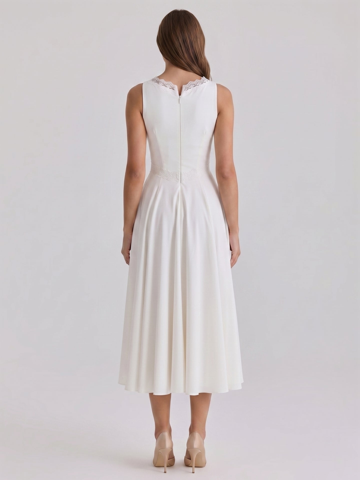 Ivory Stretch Knit A-Line V-Neck Back Zip Tea-Length Bridesmaid Dress - Curvevia