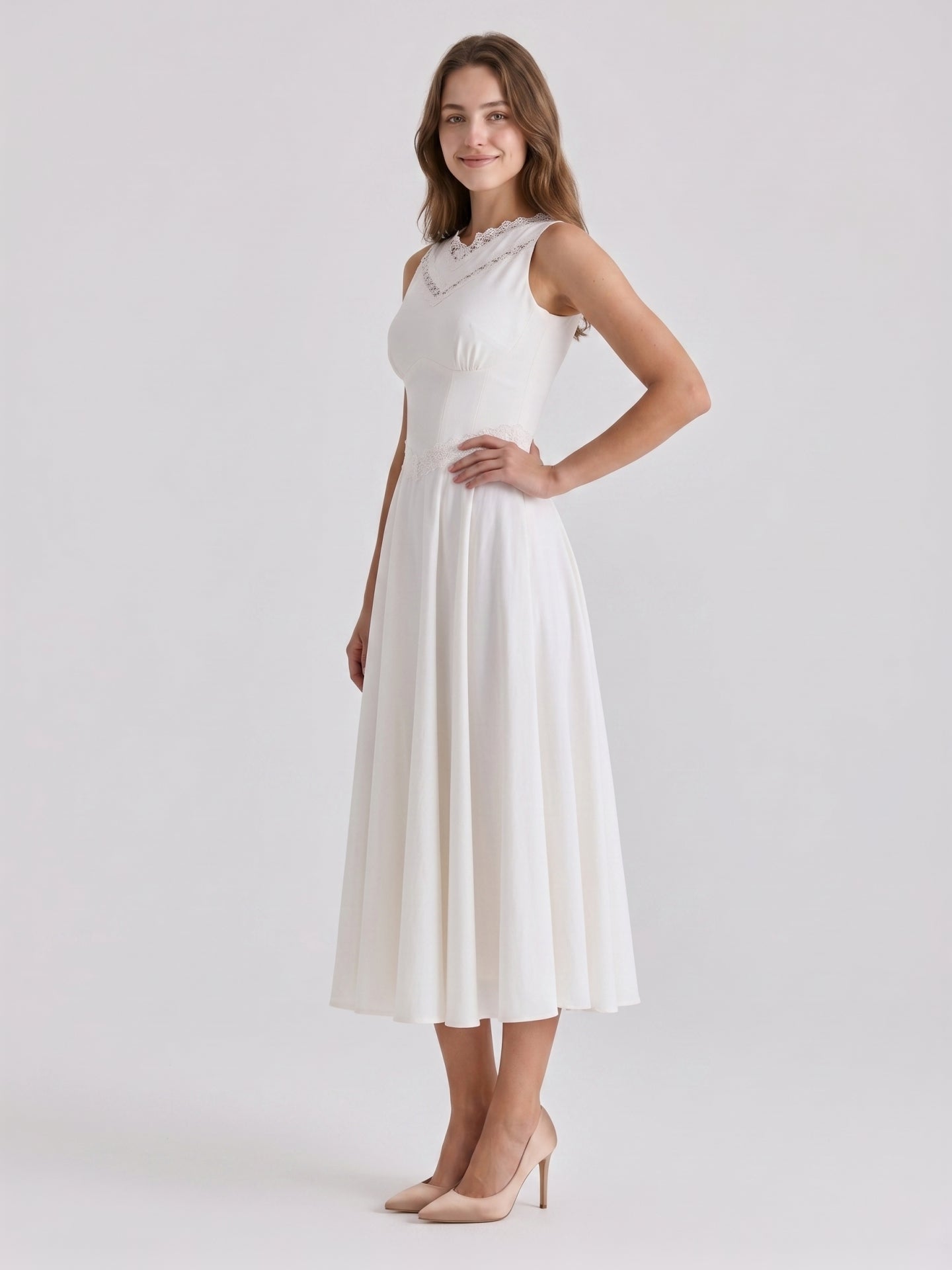 Ivory Stretch Knit A-Line V-Neck Back Zip Tea-Length Bridesmaid Dress - Curvevia