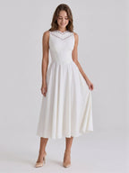 Ivory Stretch Knit A-Line V-Neck Back Zip Tea-Length Bridesmaid Dress - Curvevia