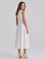 Ivory Stretch Knit A-Line V-Neck Back Zip Tea-Length Bridesmaid Dress - Curvevia