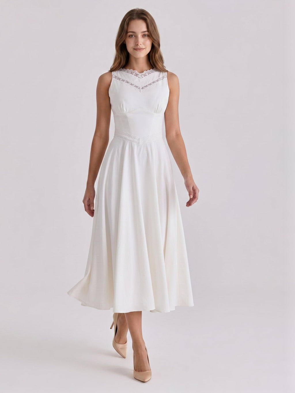 Ivory Stretch Knit A-Line V-Neck Back Zip Tea-Length Bridesmaid Dress - Curvevia
