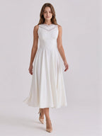Ivory Stretch Knit A-Line V-Neck Back Zip Tea-Length Bridesmaid Dress - Curvevia
