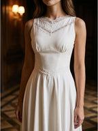 Ivory Stretch Knit A-Line V-Neck Back Zip Tea-Length Bridesmaid Dress - Curvevia