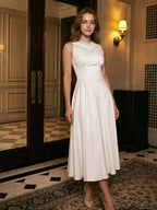 Ivory Stretch Knit A-Line V-Neck Back Zip Tea-Length Bridesmaid Dress - Curvevia